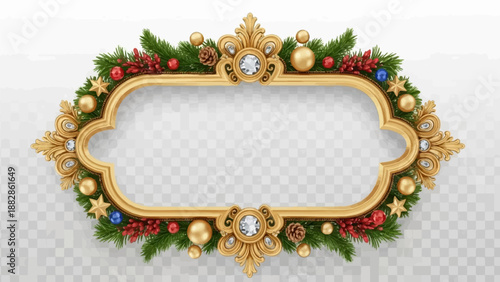 Ornate golden Christmas frame with evergreen boughs, baubles, and jewels