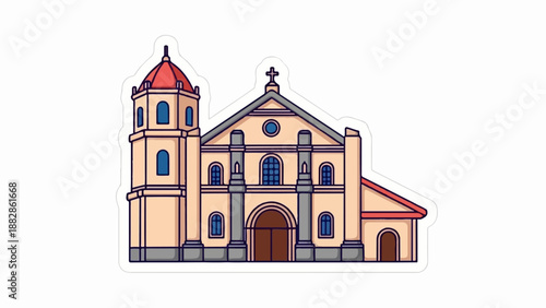 Ornate, tan church building with a red dome and bell tower