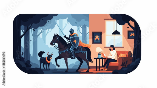 Knight in forest, dog, and woman working on laptop indoors