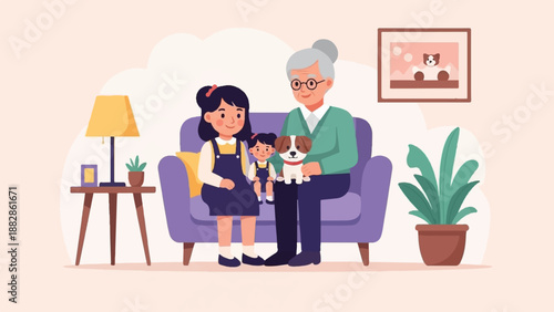 Happy family gathering on a sofa with a dog and toys, indoor scene