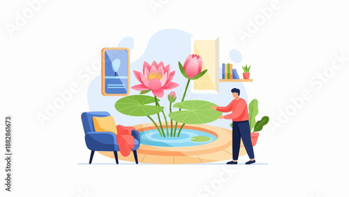 Man tends to blooming water lilies in a serene indoor garden setting