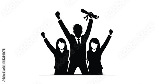 A celebratory scene depicts graduates rejoicing with diplomas held high arms raised in triumph a striking silhouette high quality professional detailed
