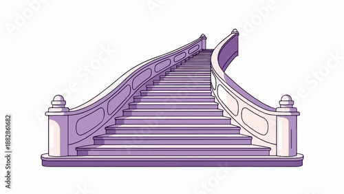 Ornate purple grand staircase curves upwards with decorative balusters