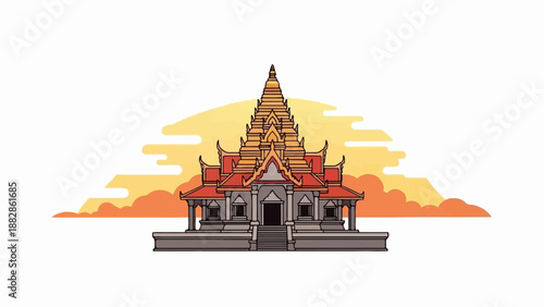Ornate temple with tiered roof against a sunset