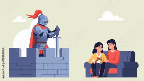 Knight on castle guards family with dog on couch