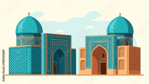 Ornate turquoise domed buildings with detailed patterned facades