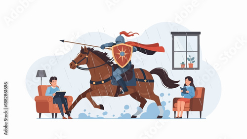 Knight on horseback charges through rain indoors while people read
