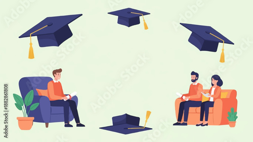 Flat illustration with graduation caps floating above people sitting on chairs and couch holding diplomas