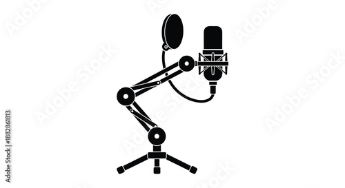 A detailed black microphone setup with a boom arm and stand is prominently displayed showcasing a striking silhouette high quality professional