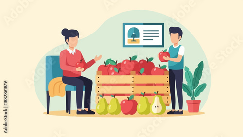 People at a fruit stand display fresh apples and pears in a wooden crate