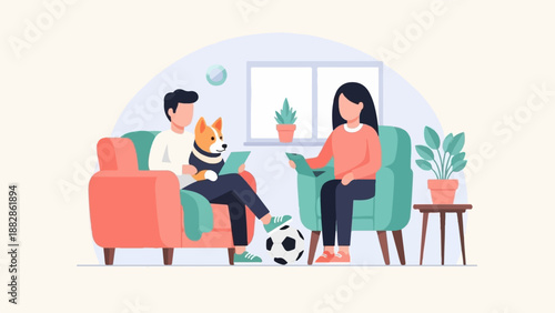 Man, woman, and dog relax indoors with a soccer ball