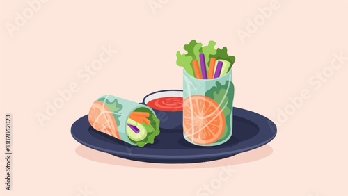Healthy fresh spring rolls with dipping sauce on a dark plate