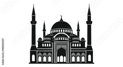 A striking black silhouette depicts a grand mosque with towering minarets and elaborate dome architecture showcasing islamic artistry silhouette high quality