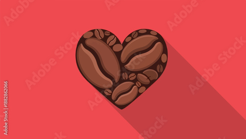Heart shape filled with coffee beans against a red backdrop