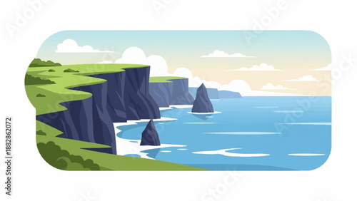 Green grassy cliffs meet the blue ocean under a soft sky