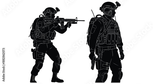 two soldiers in tactical gear and helmets standing in black silhouette high quality professional detailed modern elegant stylish clean crisp vibrant