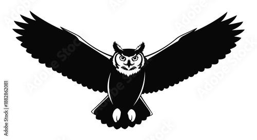 A striking depiction of a majestic owl in flight wings fully extended showcasing detailed feather patterns a captivating silhouette high quality