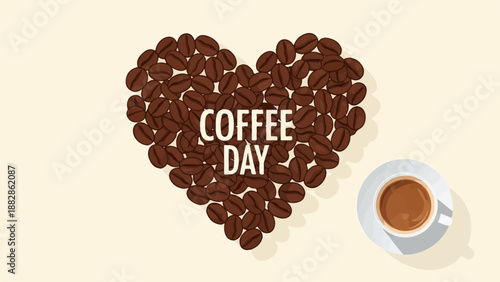 Heart-shaped coffee beans with a cup of coffee and text