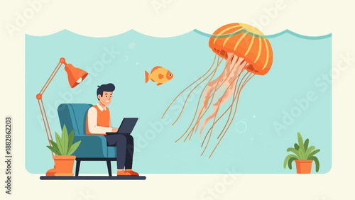 Man working on laptop in aquarium with jellyfish and fish