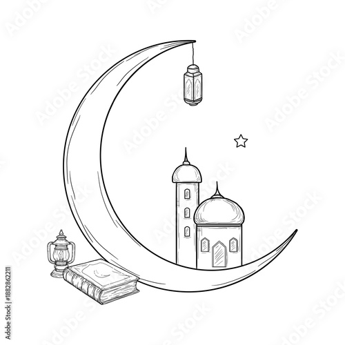 Sketch of a crescent moon and lantern, domes and minarets of Islamic mosques, and the Quran. Vector illustration. Symbols representing Islamic architecture and faith, isolated on a white background.