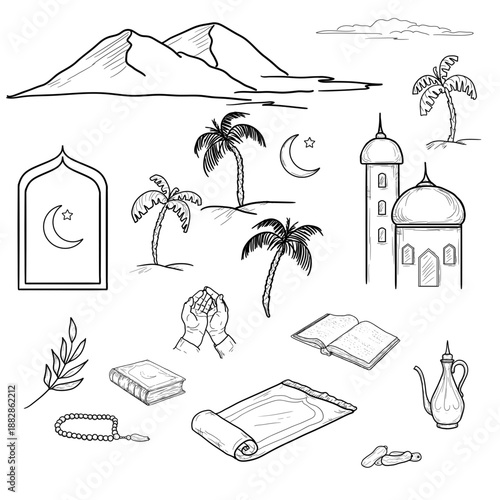 Collection with Islamic and Ramadan theme, including crescent moon, palm tree and desert, mosque, rosary and Koran. Vector illustration. Set of black and white silhouettes isolated on white background