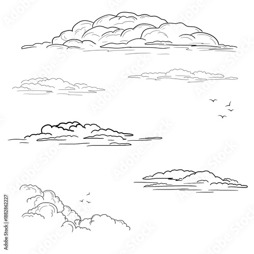 Collection of fluffy clouds of different shapes and silhouettes of birds, black and white sketch. Thick mountain clouds isolated on white background. Vector illustration. Summer cirrus clouds at dawn