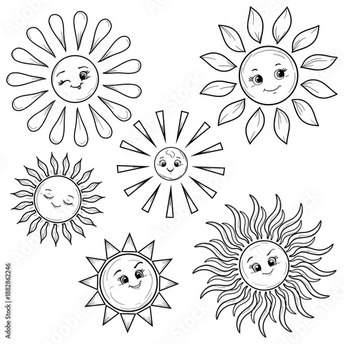 The sun with eyes smiles, a set of black and white sketches. Vector illustration. Collection of symbols of sunny weather, summer, joy and sun rays and energy, isolated on a white background.