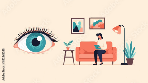 Large stylized eye looks toward a woman on a sofa with a tablet