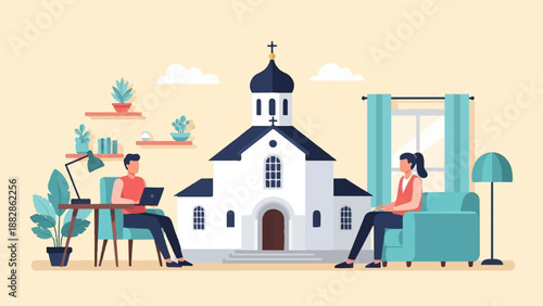 Flat illustration of people working and relaxing near a church