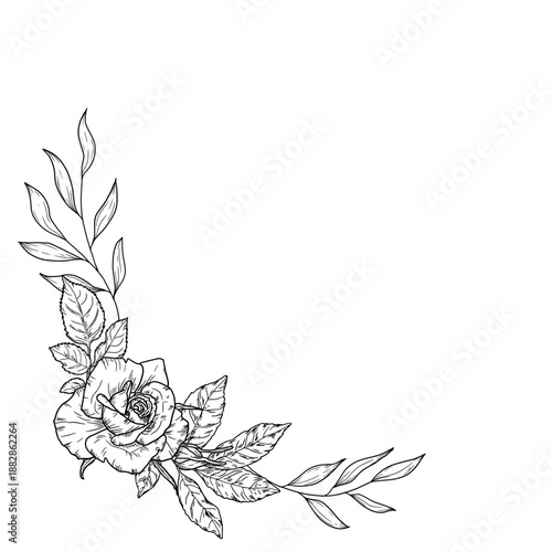 Bouquet of roses with twigs and leaves, black and white sketch. Vector illustration. Flower frame, corner, isolated on white background. Graceful flowers with buds, lush foliage.