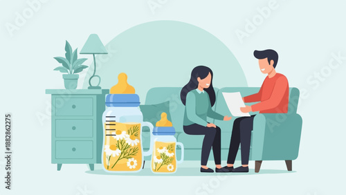Flat illustration of people talking near baby bottles
