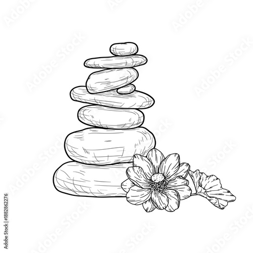 A pyramid of smooth stones with a lotus flower, sketch. Vector illustration. Stacked pebbles and sea stones isolated on a white background. Concept of yoga, harmony, and meditation.