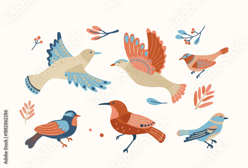 Traditional Nordic folklore graphics collection featuring Scandinavian birds decorated folk pattern