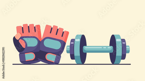 Pair of fitness gloves and a weight on a light background