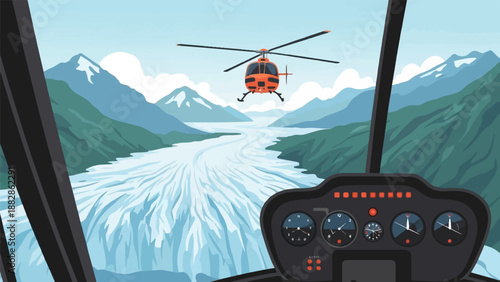 Helicopter view over icy glacier and mountains