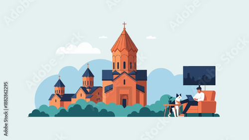 Man works on laptop with dog and television next to church