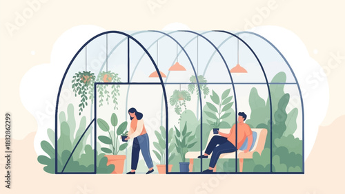 Greenhouse sanctuary with people tending plants and relaxing amidst lush greenery