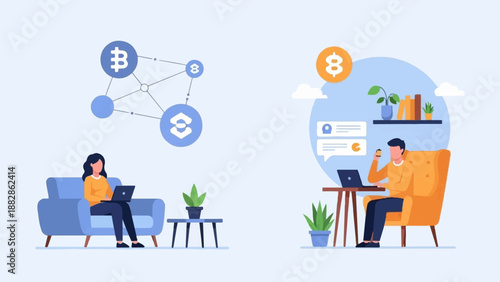 Flat illustration of people using laptops in cozy settings, crypto icons