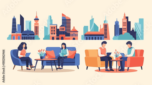 Flat illustration of people in a modern office lounge with cityscape