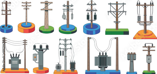 Isometric electrical utility components set featuring power poles, transformers, transmission lines, substations, energy distribution infrastructure, industrial grid technology illustration
