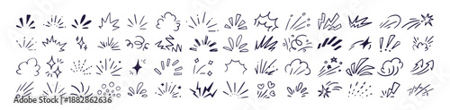 Comic doodle effects, hand-drawn set. Abstract symbols for explosion, flash, burst, bomb, sparkle, firework and lightning. Dynamic design element. Flat vector illustration isolated on white background