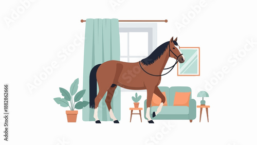 Horse walking inside a cozy living room with furniture and plants
