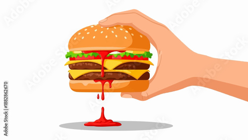 Hand holding a dripping double cheeseburger with ketchup on a white background