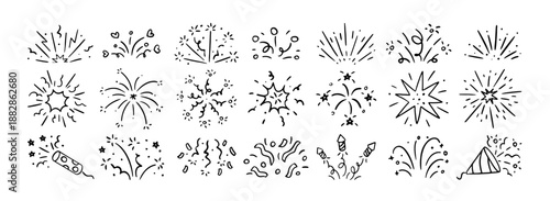 Comic explosion and fireworks effects set in doodle style. Party firecrackers, celebration booms, confetti, abstract design elements. Hand-drawn vector illustrations isolated on white background