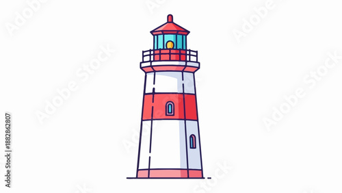Iconic coastal tower with red and white stripes and illuminated top