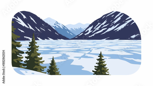 Icy lake with snow-capped mountains and pine trees in a winter landscape