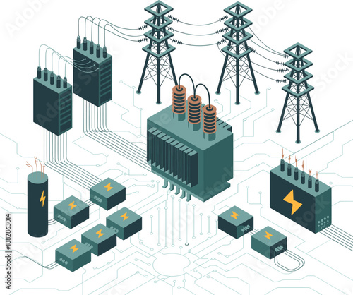 Modern electrical power grid illustration showing transformer transmission towers substations cables battery storage smart energy distribution system technology