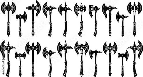 Set of fantasy battle axe silhouettes with ornate medieval designs, black weapon icon collection for RPG games, isolated on white background vector.