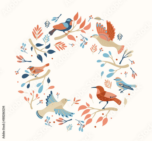Beautiful Scandinavian wreath frame formed by folk art birds, floral ornaments and botanical motifs