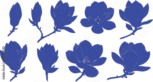 Seamless vector illustration featuring a nature design with blue ink splashes and blots arranged in a floral pattern of spring flowers, leaves, and butterflies for a  garden ornament